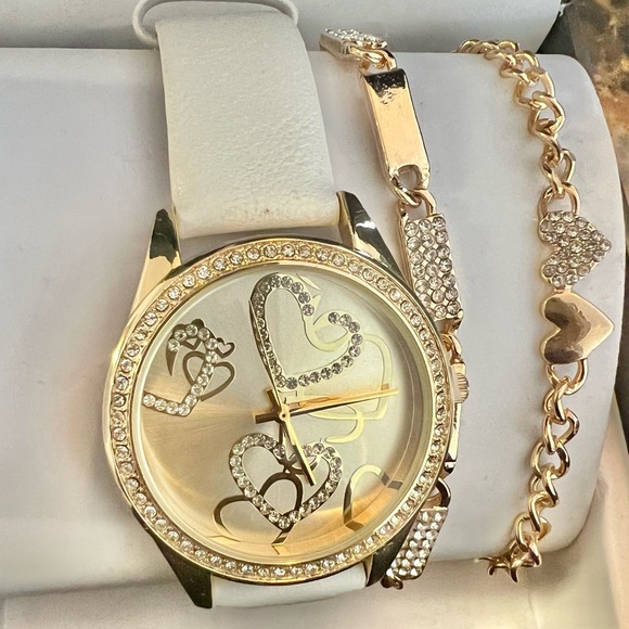 INC International Concepts Accessories - NIB Gold and White Heart-Embellished Watch and Bracelet Set